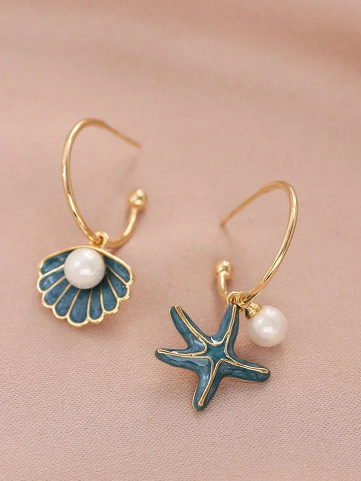 ARETES - ESTRELLA DE MAR AZUL CON PERLA